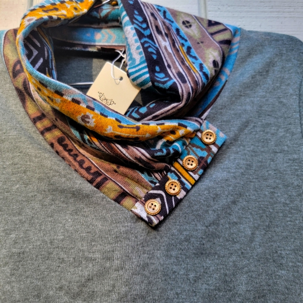 Gray Tunic with Multicolor Scarf Accent